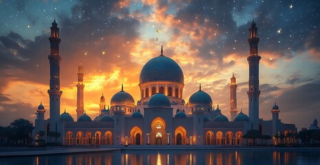 Mosque Silhouette at Sunset with a Starry Sky
