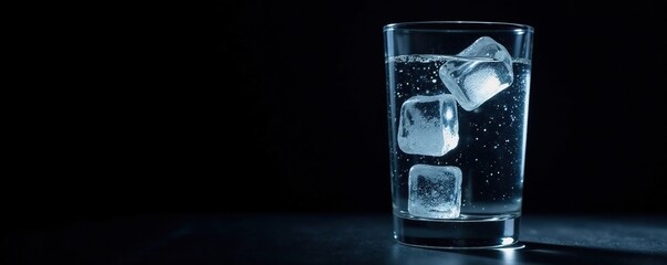 Black background with a glass filled with water and ice cubes, chilled, calm, serene