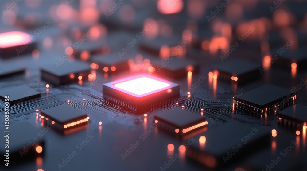 Poster close-up of illuminated central processing unit on a circuit board, surrounded by other microchips.