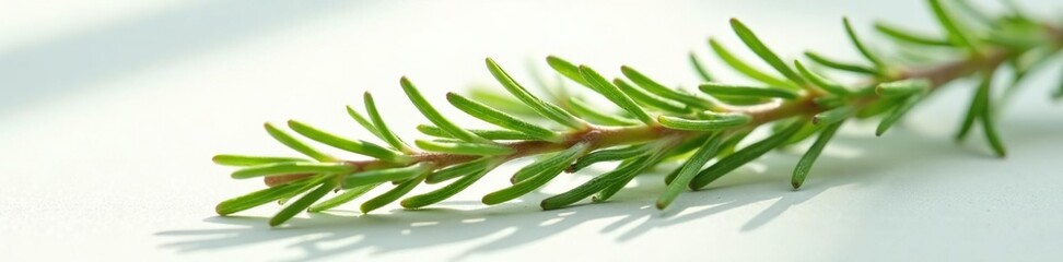 Obraz premium Fresh rosemary sprig with light rays on white surface, botanical, bright, shine