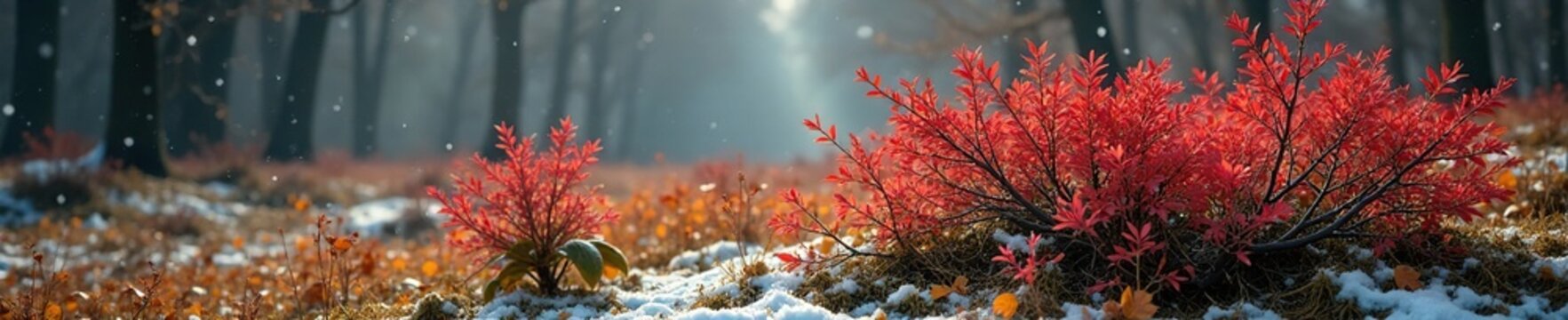 Variegated aucuba japonica in winter landscape with bare branches, , ornamental shrubs