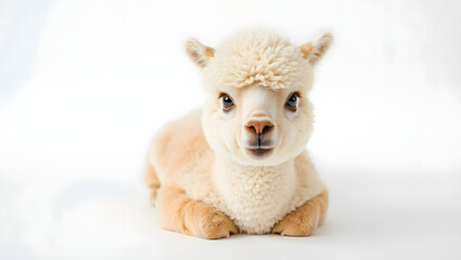 a adorable alpaca lying down, with its fluffy fur and sweet expression. It's a cute, cuddly animal that evokes feelings of warmth and happiness.
