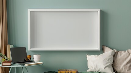 A white rectangular frame above a small reading nook with a cup, a laptop, and a book on the nearby table.  HD 8K white mockup wallpaper Photographic Image
