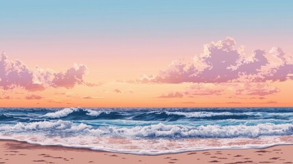 Fototapeta premium Colorful clouds fill the sky as the sun sets over calm ocean waves, creating a peaceful atmosphere on the beach during the evening hours