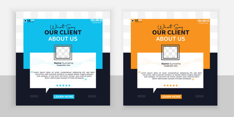 Modern clients feedback testimonial templete design with rectangular iconic blue and orange shape.