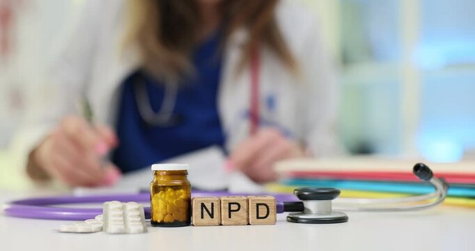 In a healthcare setting, a dedicated doctor is shown with various medication bottles and a stethoscope