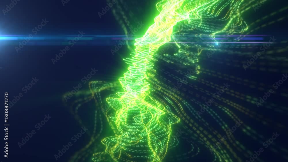 Poster bright green light vortex with intense illumination, creating a dynamic effect on a dark background,