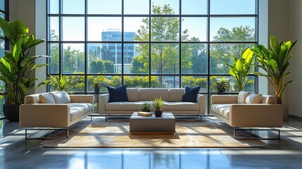 Clean and bright office space with large windows, natural light, and modern furniture for a comfortable work environment. Architecture and interior background concept.