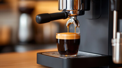 Close-Up of Espresso Machine Brewing Rich Espresso Shot with Thick Crema in Modern Cafe Setting