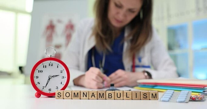 A medical professional documents findings on somnambulism and sleep disorders for reference and analysis