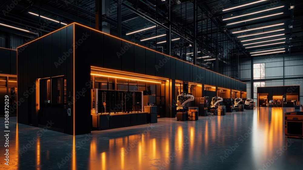 Aufkleber sleek industrial space showcases automated robotic systems working in brightly lit sections. the amb