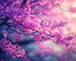 Cercis Canadensis. Pink and Purple Flower Blossoms in Spring Macro Photography