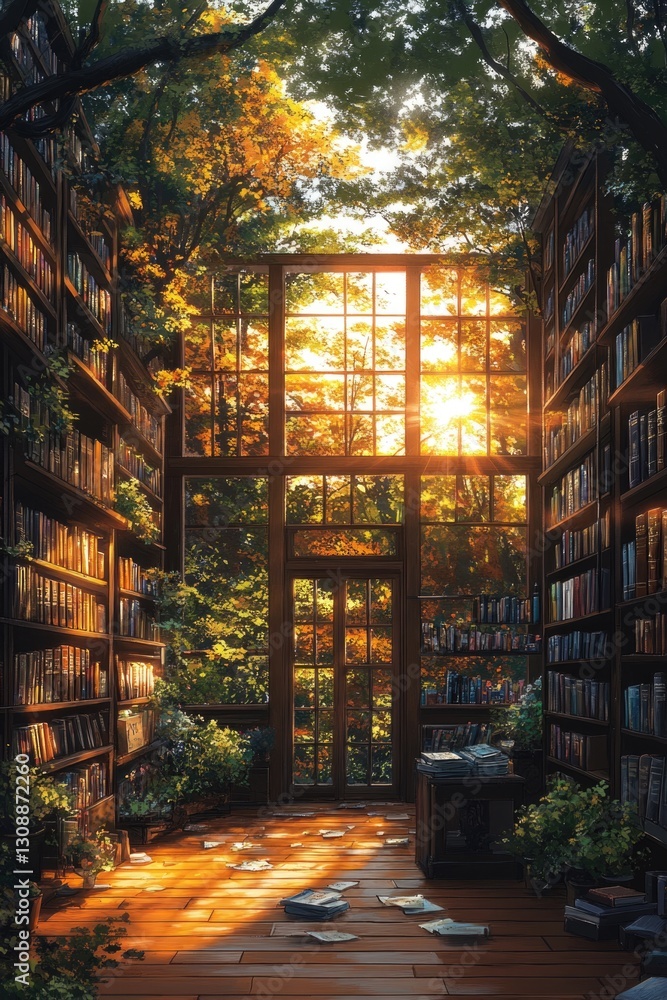 Poster a peaceful study setting with a large bookshelf and plenty of natural light streaming in from the wi