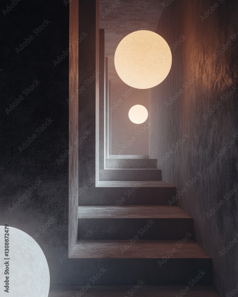 Poster A room with multiple levels of stairs and some lighting, suitable for use in architectural or interior design contexts