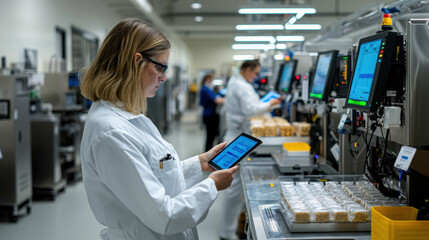 Professional woman wearing lab coat using digital tablet in a modern production facility with workers and machinery in the background