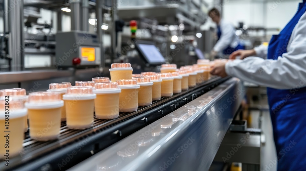 Poster efficient production line of yogurt cups in a factory with workers, automated machinery, and contain