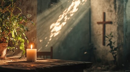 Warm light spills into a rustic room, highlighting a lit candle on a wooden table and a cross faintly visible on the wall. A potted plant adds a touch of life to the serene atmosphere