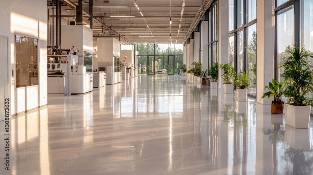 Poster a spacious workspace features expansive windows allowing natural light and views of greenery outside
