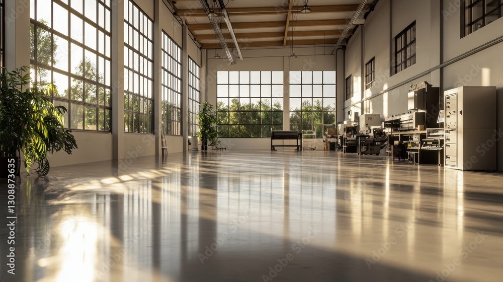 Poster sunlight streams through expansive windows, illuminating the open studio filled with plants and work