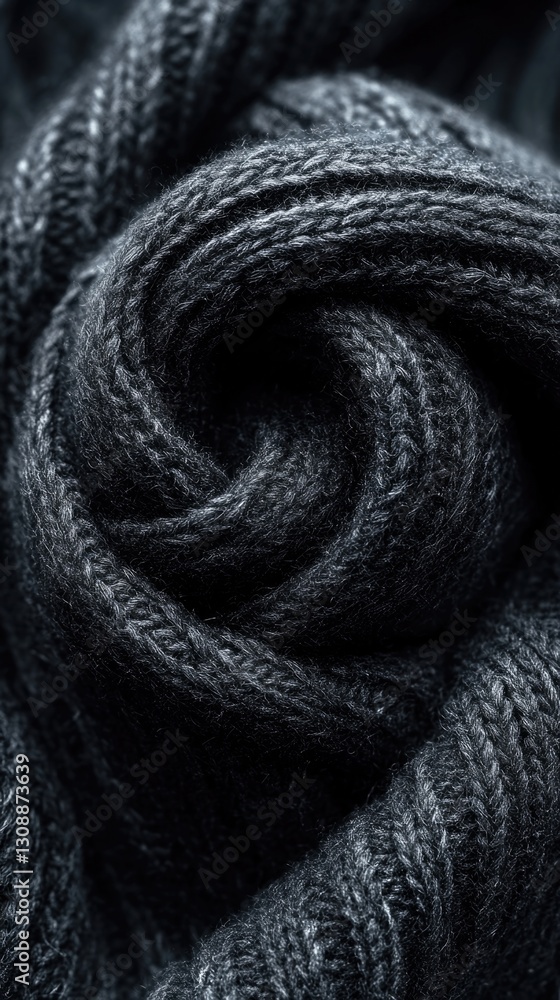 Poster a detailed view of a black scarf with intricate patterns and texture