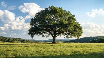 Fototapeta premium A solitary oak tree rises prominently in a vibrant green field, surrounded by rolling hills and under a clear blue sky filled with fluffy clouds during the golden hour of sunset
