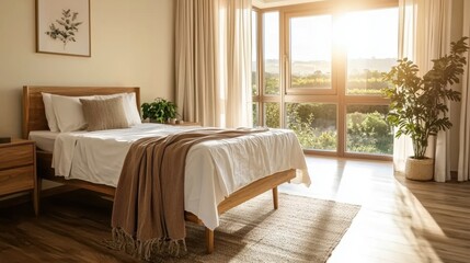 Sunlight fills a warm bedroom, highlighting a neatly made bed with a light blanket. Large windows offer a serene view of nature, creating a peaceful atmosphere