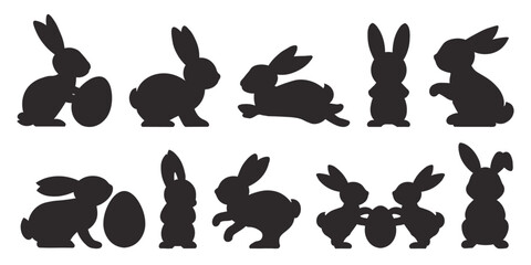 Easter Bunny Vector Silhouette Set &ndash; Cute Rabbits with Eggs in Various Poses: Hopping, Sitting, and Playing &ndash; Isolated on White Background