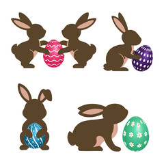 Easter Bunny Vector Illustration Set – Cute Rabbits Silhouette with Eggs in Different Poses for Spring, Holiday, Cards, and Festive Designs