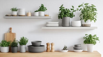 Fototapeta premium Elegant kitchen with a pastel lavender rolling shelf neatly organizing kitchenware and fresh herbs.