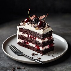 Delicious layered chocolate cake decorated with fresh berries and cream
