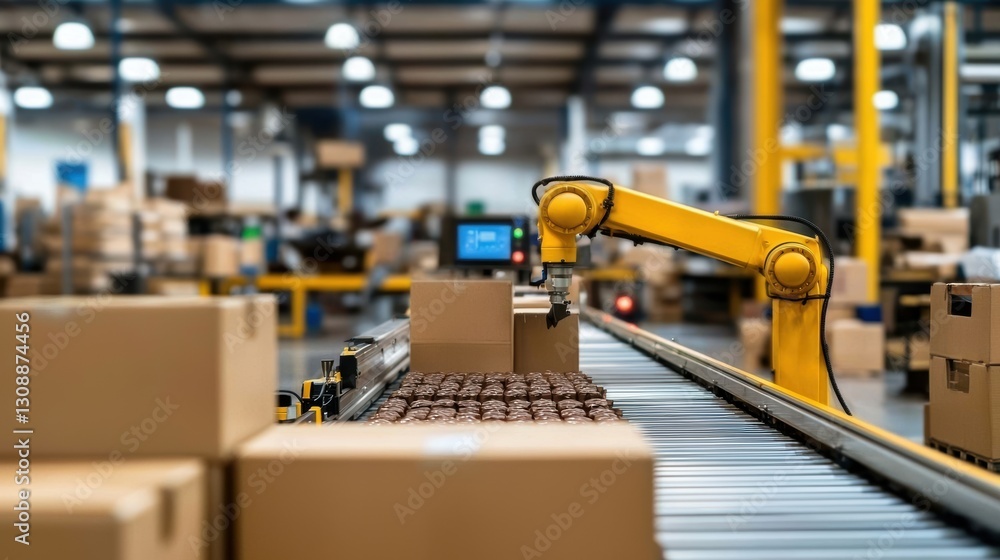 Poster automation in modern manufacturing facility with robotic arm operation over conveyor system in actio