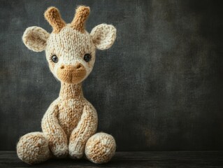 Fototapeta premium Handcrafted Knitted Giraffe Stuffed Animal: A Timeless Toy for Comfort and Play with a neutral tones and vintage backdrop.