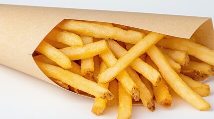 A close-up of crispy golden French fries in a paper cone
