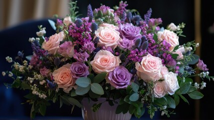 A stunning arrangement of pink and purple roses along with vibrant wildflowers fills a vase, showcasing a blend of colors and textures, perfect for celebrations