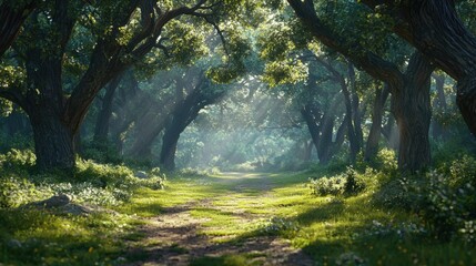 Fototapeta premium A tranquil forest scene showcases sunlight streaming through lush green foliage, illuminating a winding path covered in soft grass and blooming plants