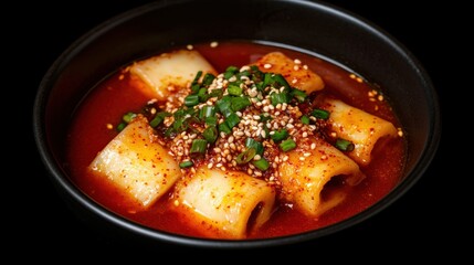 A bowl of Korean tteokbokki (spicy rice cakes) with sesame seeds