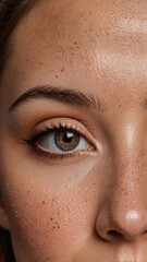 Detailed view of a freckled woman's eye and brow