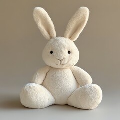 Obraz premium Cute Fluffy Bunny Plush Toy Sitting Against a Neutral Background, Soft and Cuddly Friend