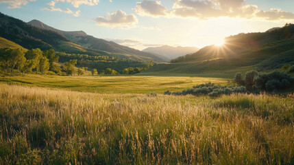 Fototapeta premium Bright morning light illuminates a vast valley surrounded by mountains. Lush grass and trees create a tranquil atmosphere, inviting admiration of nature's beauty at sunrise