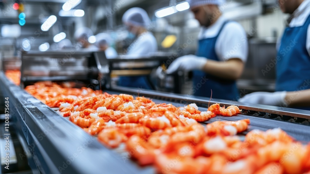 Aufkleber fresh shrimp processing in seafood factory with workers handling and inspecting conveyor belt operat