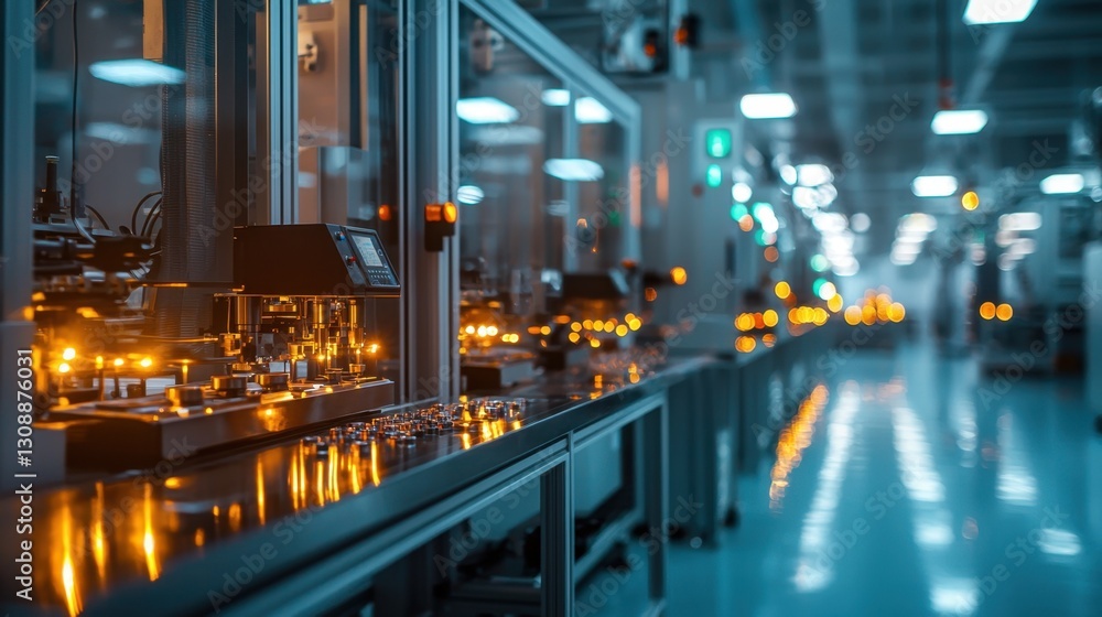 Poster a modern factory features automated machinery operating efficiently, highlighted by bright lights re