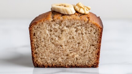 A slice of soft banana bread topped with walnuts