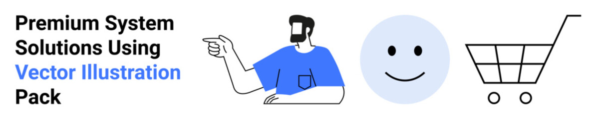 Fototapeta premium Man with beard pointing, a smiling face, and a shopping cart outline. Ideal for e-commerce, business strategies, marketing, customer satisfaction, user interaction, teamwork flat landing page banner