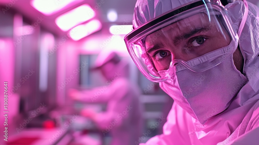 Poster a scientist is focused on an experiment in a high-tech laboratory illuminated by pink lights. anothe