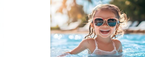 A happy young girl wearing sunglasses smiles in a swimming pool