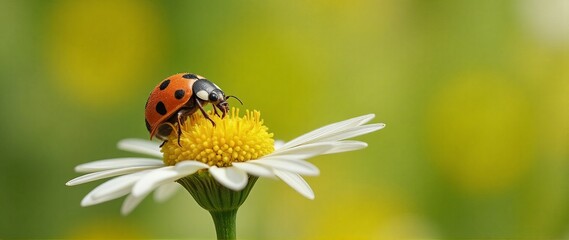 red ladybug on camomile flower, ladybird creeps on stem of plant in spring in garden in summer