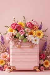 Suitcase filled with spring and summer flowers, pastel color, creative positive lifestyle