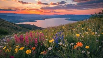 Fototapeta premium Sunset over mountain lake, wildflowers foreground. Peaceful nature scene for travel, tourism