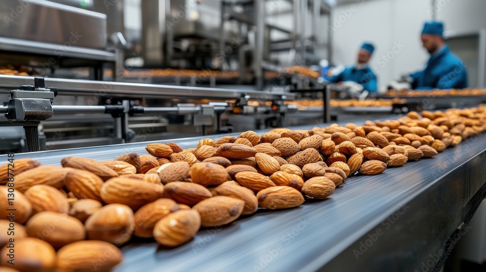 Leinwandbilder Almonds on Conveyor Belt in a Modern Factory Setting with Workers in Blue Uniforms Processing Nuts
