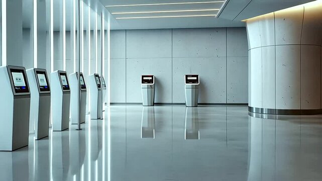 Futuristic bank lobby with blockchain terminals and no tellers